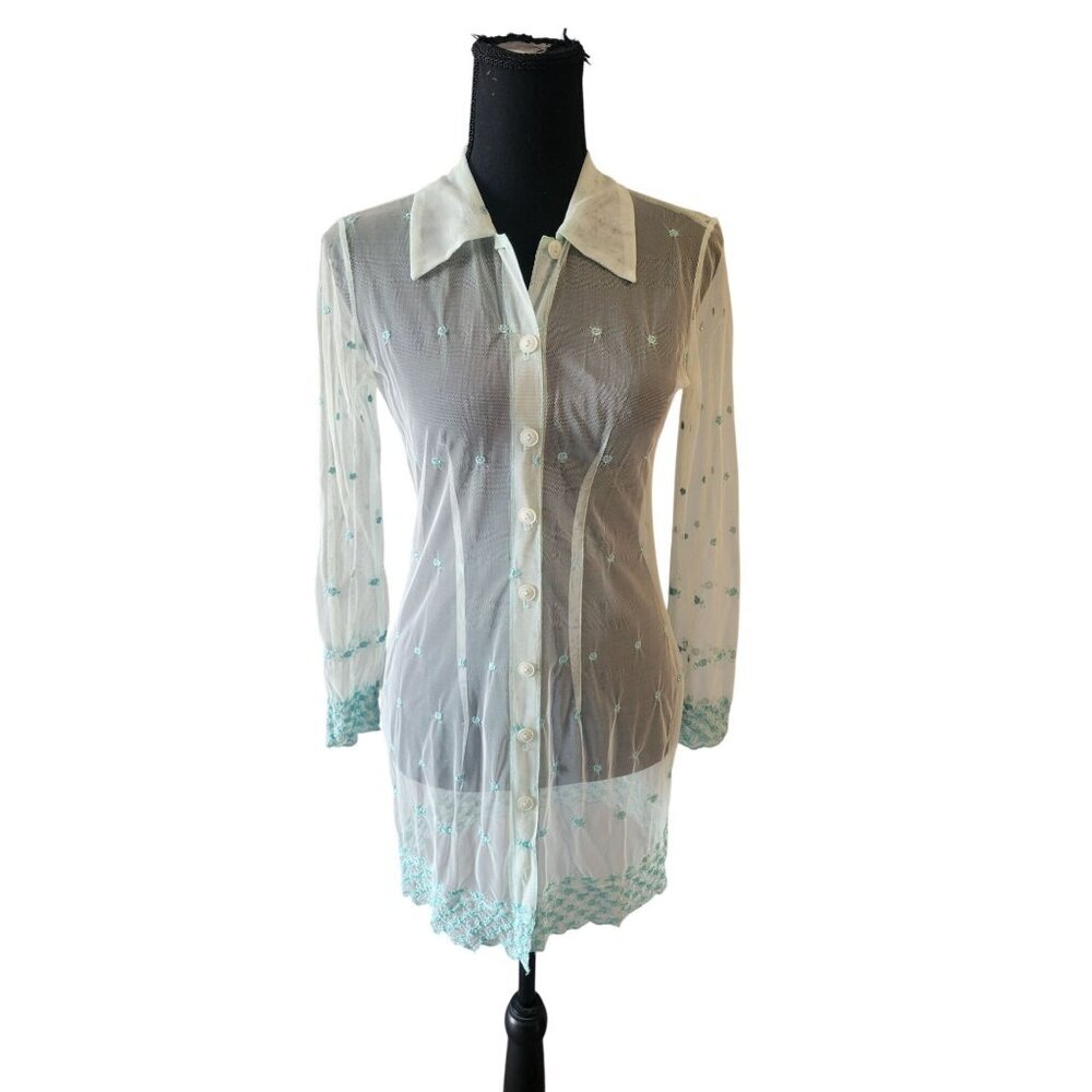 Hugo Buscati Sheer Long Sleeve Collared Long Sleeve Button Down Blouse Size S - Picture 2 of 10